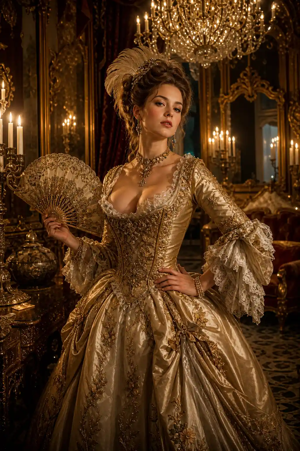 A rococo-inspired woman stands in a gilded gown by candlelight