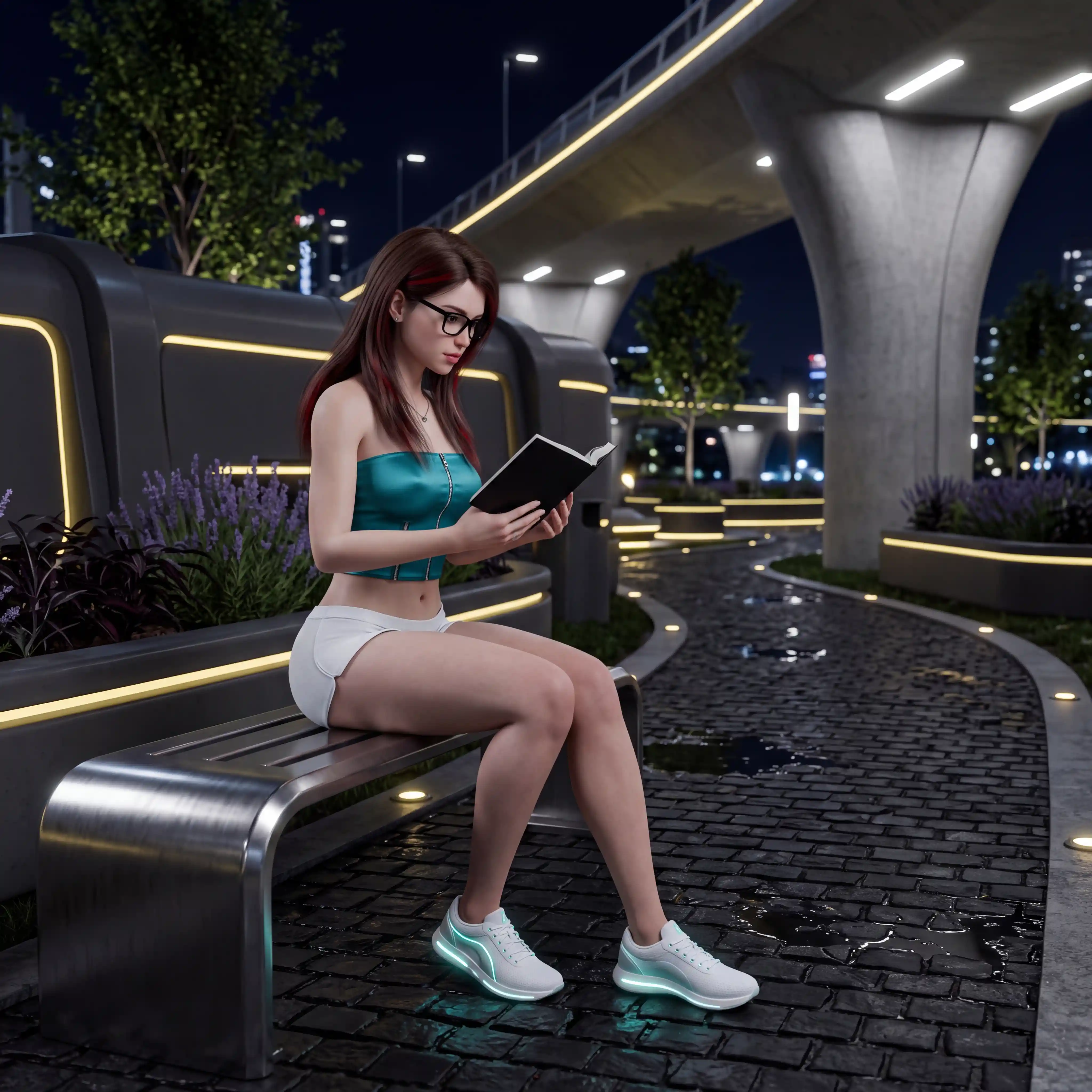 A young woman reads beside a futuristic park path at night