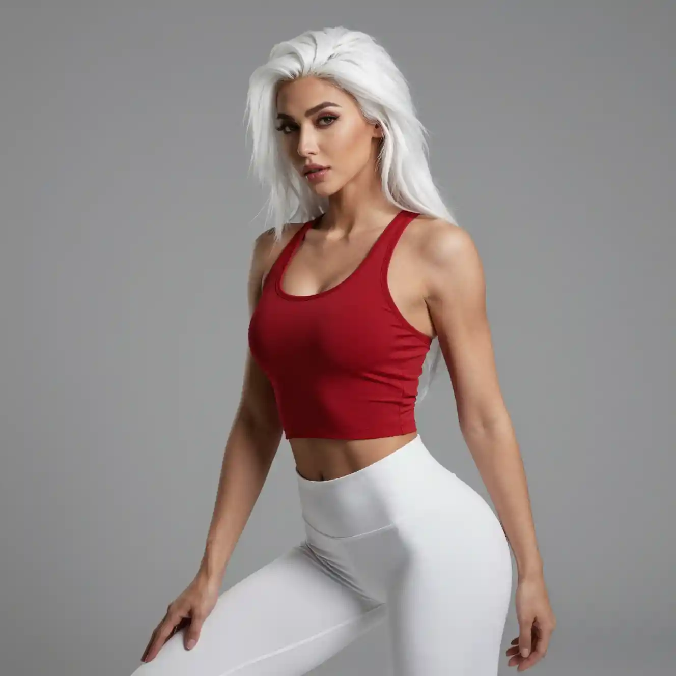 Uma jovem em forma, de cabelos brancos, com roupa desportiva vermelha e branca