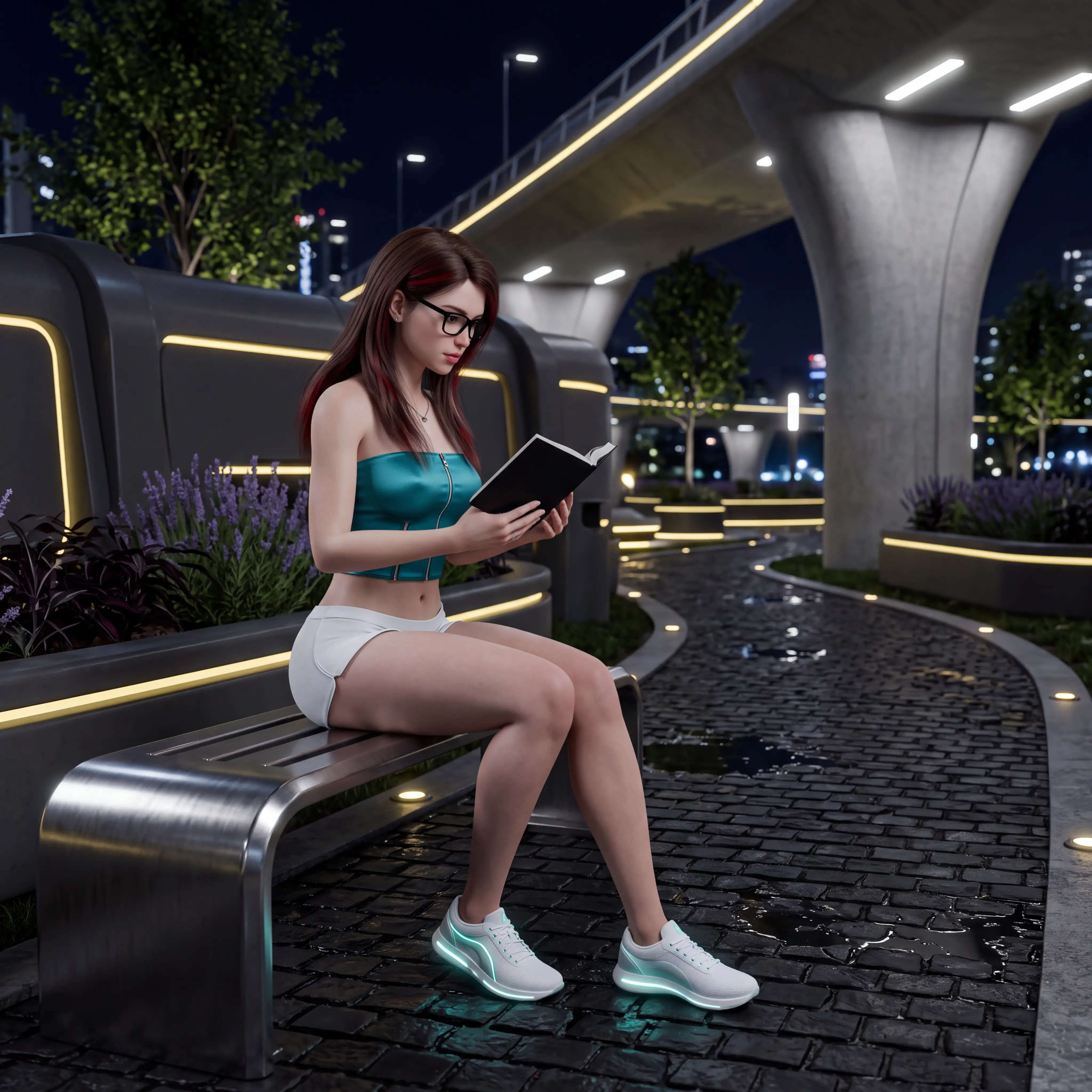A young woman reads beside a futuristic park path at night