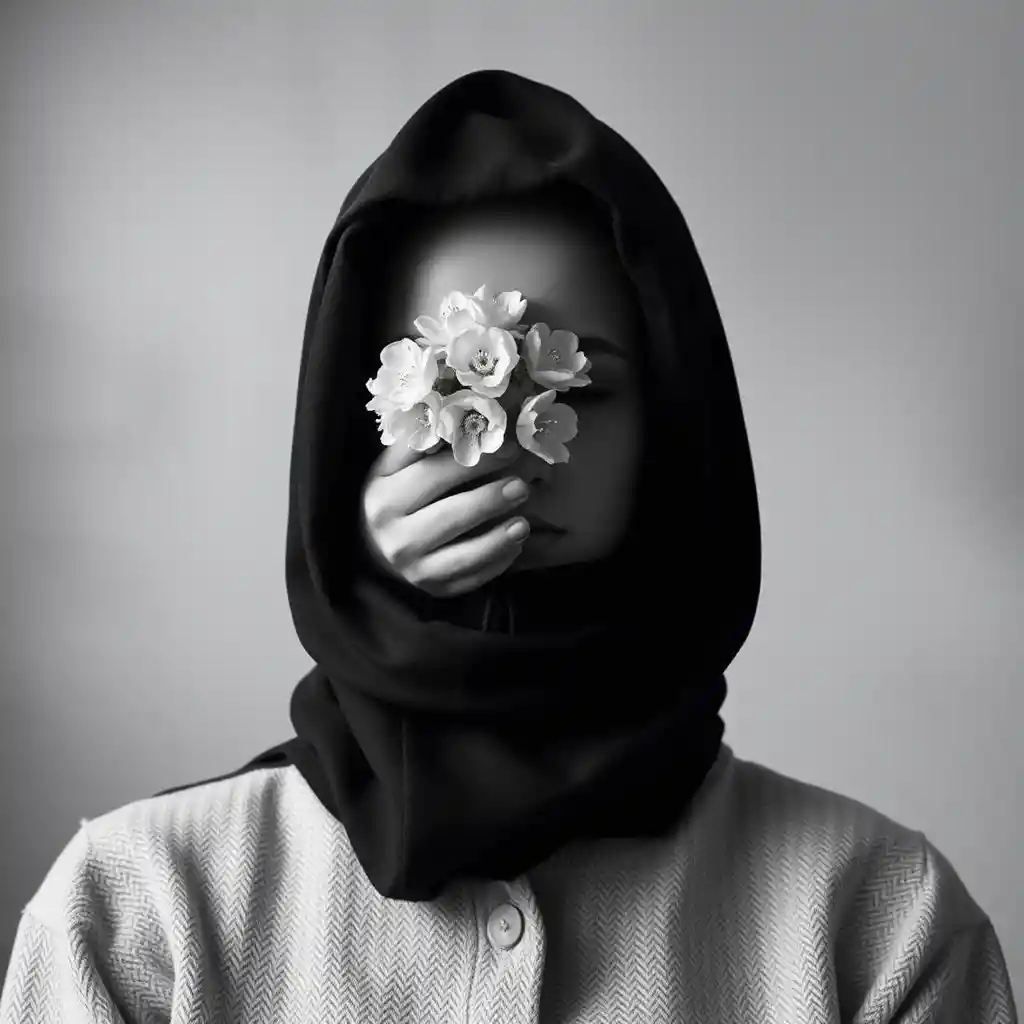 Um traje preto vazio revela mãos segurando flores silvestres e pés descalços