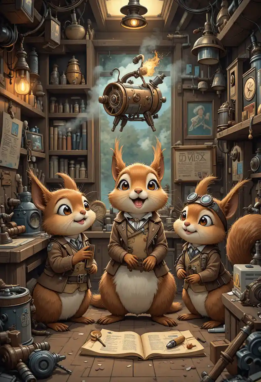 Three squirrel inventors present a flying machine in their tiny workshop