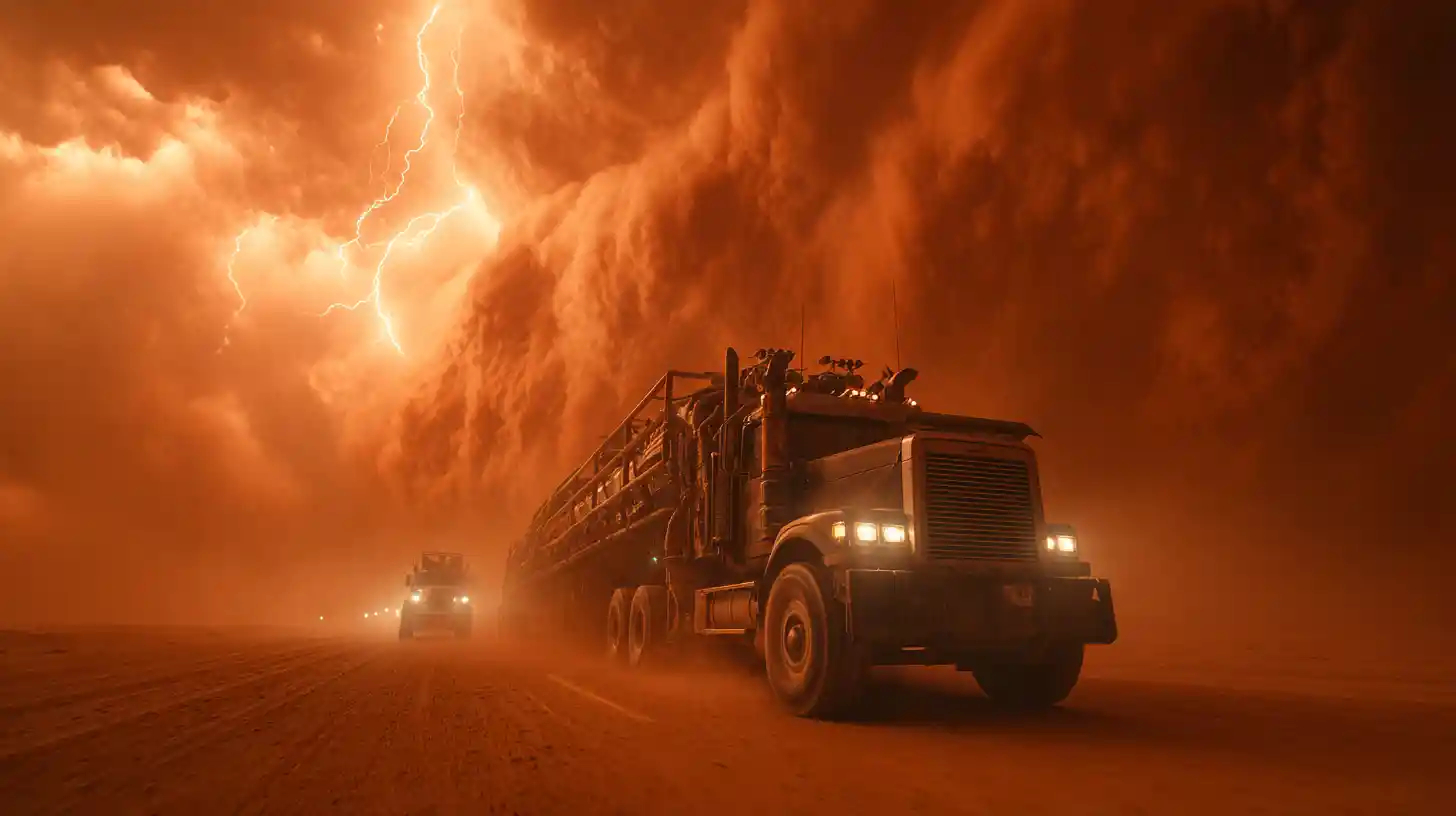 Um enorme caminhão-tanque irrompe por uma imponente tempestade de areia alaranjada