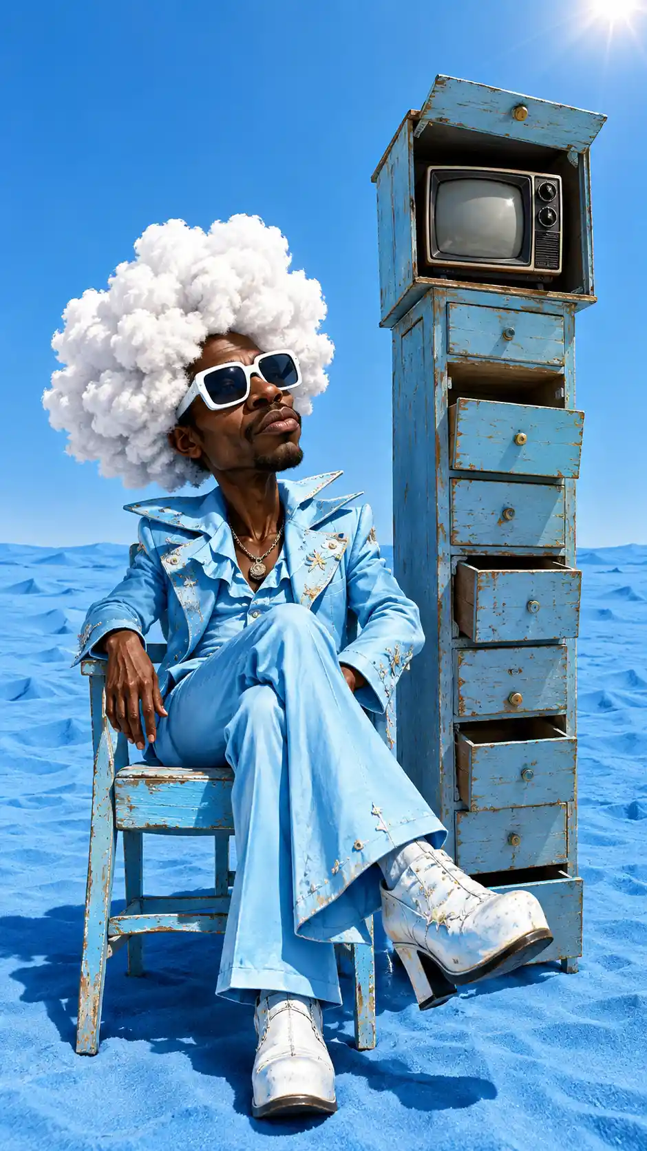 Um homem com um afro em forma de nuvem está sentado em um deserto azul