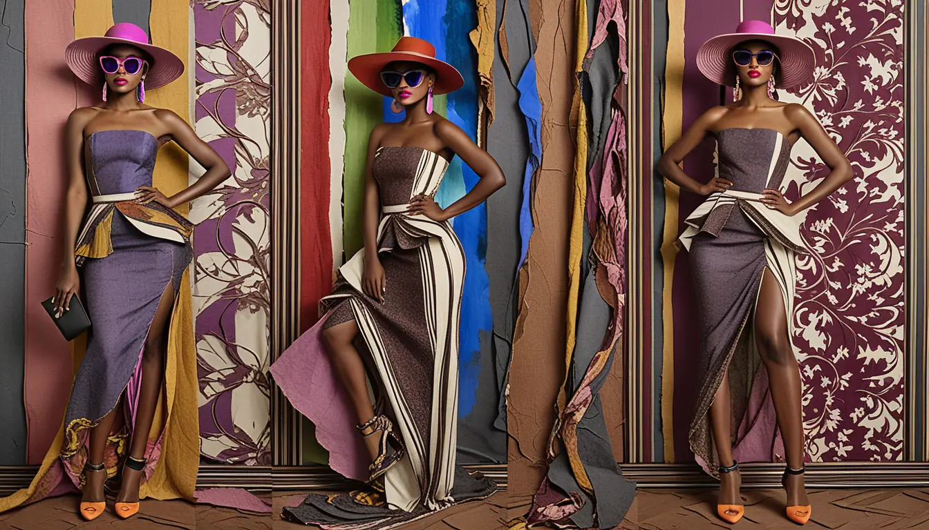 Uma mulher negra posa com um vestido listrado vibrante e um chapéu de aba larga