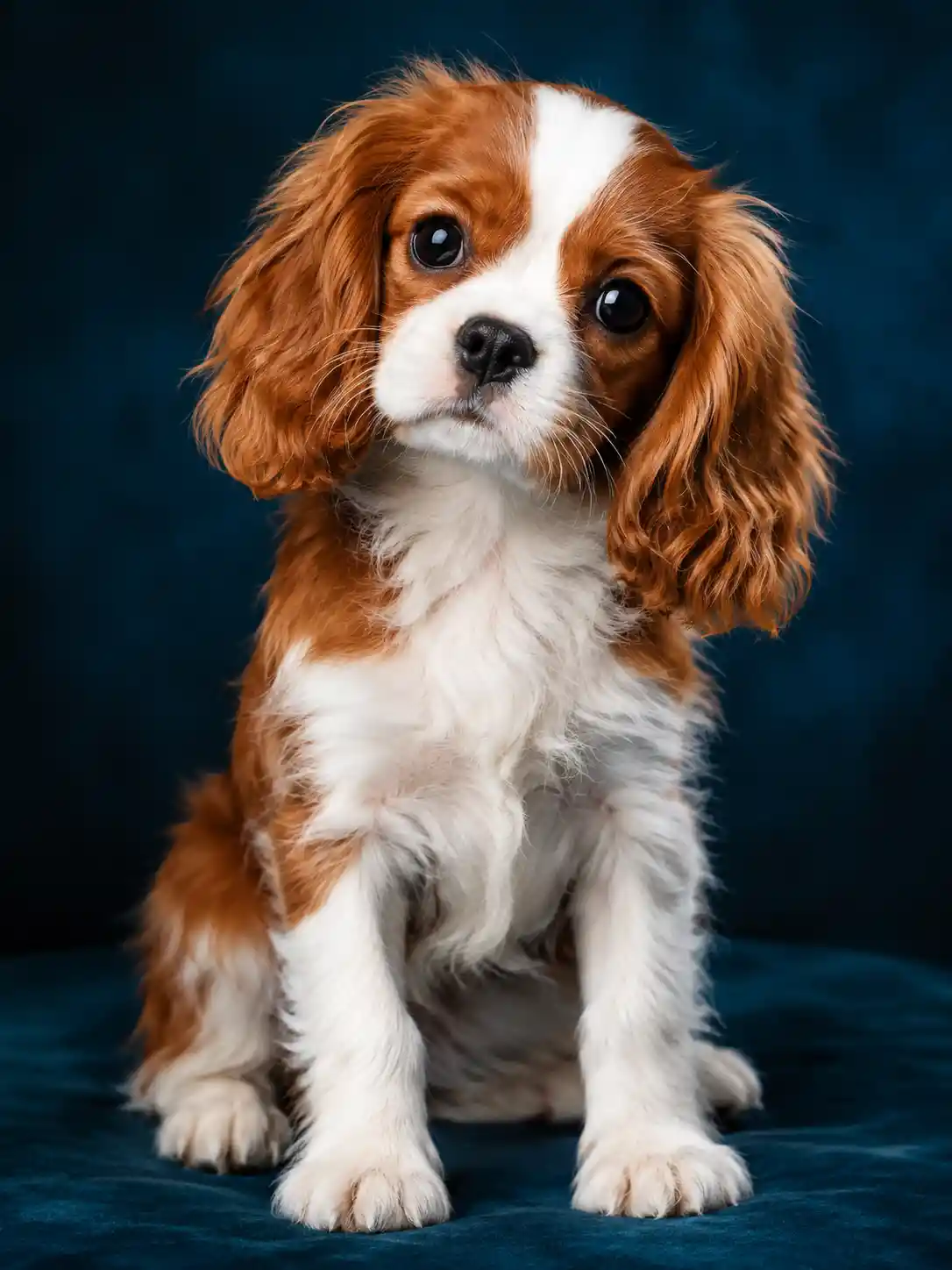 A small dog poses for a dramatic studio portrait