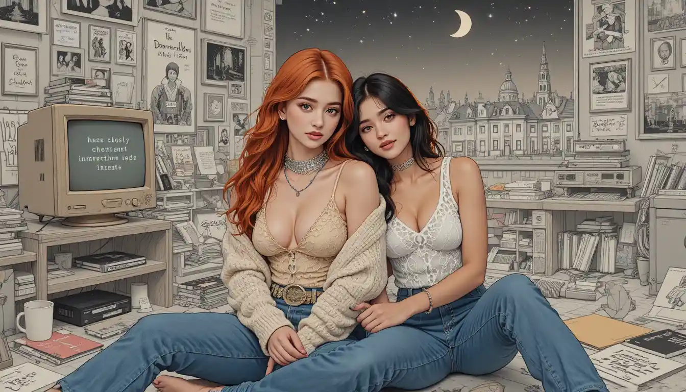 Two Young Women Lean Together in a Nostalgic Collage Room