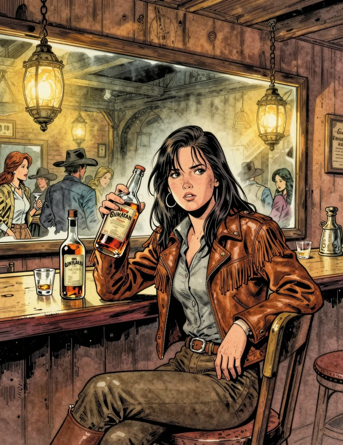 Calamity Jane sentada ao balcão de um saloon dos anos 1880