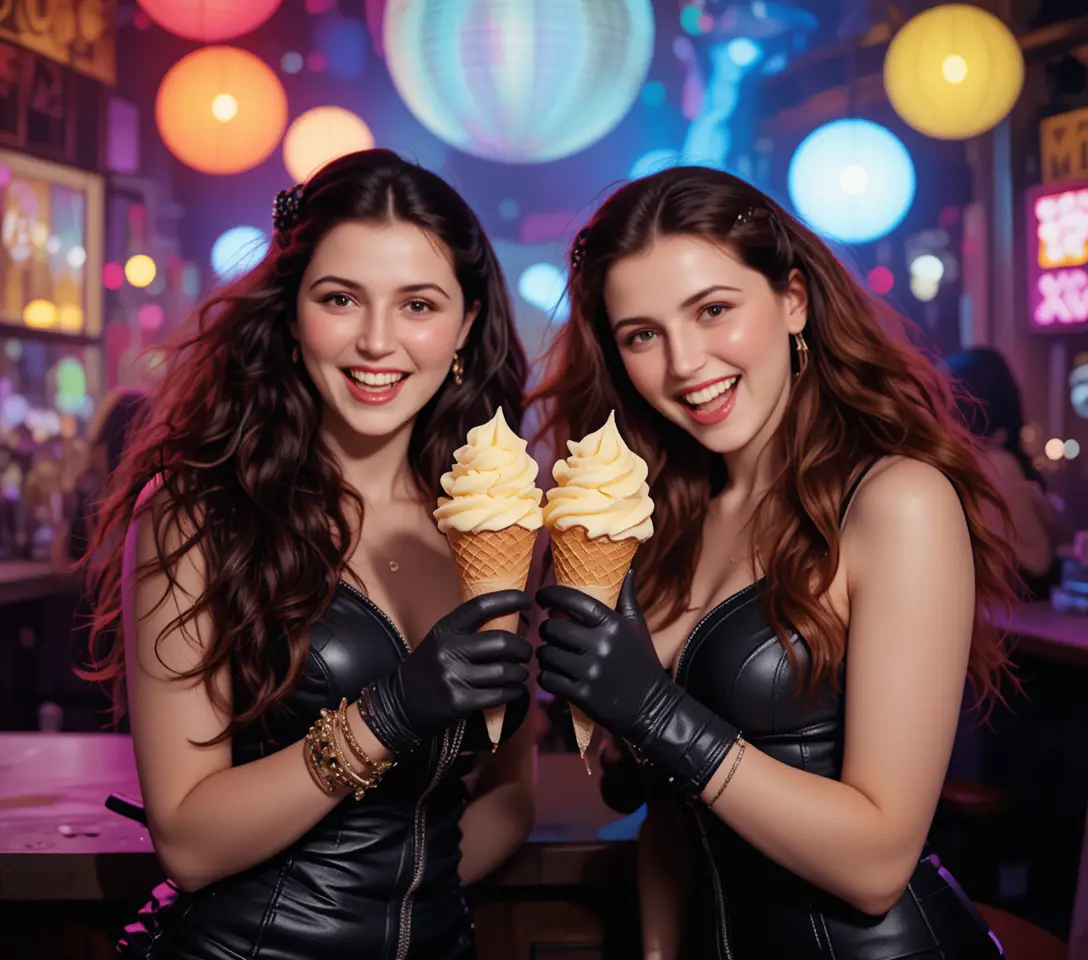 Two leather-clad women hold ice cream cones in a colorful disco