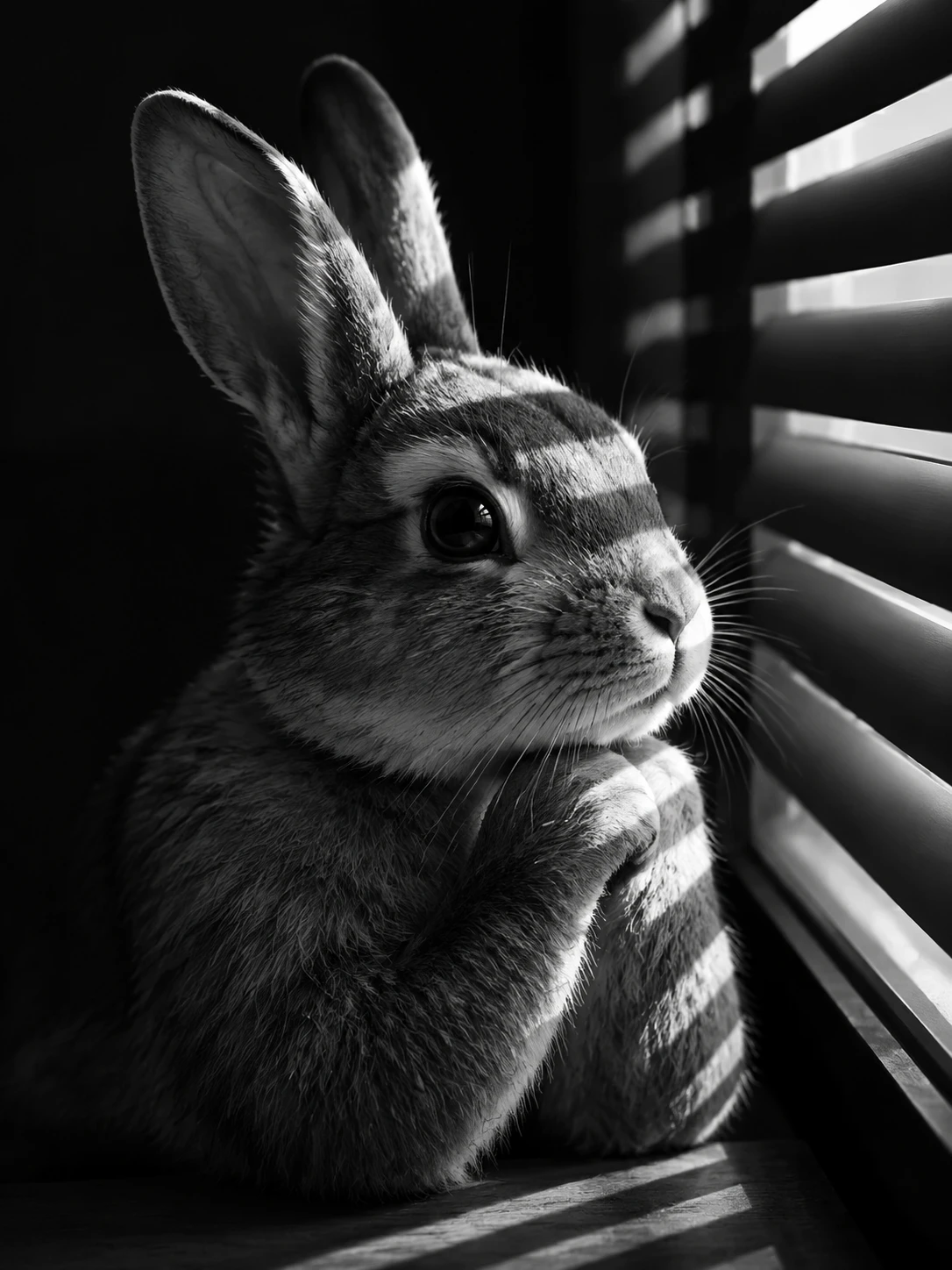 Um retrato contemplativo de um coelho em um estúdio escuro