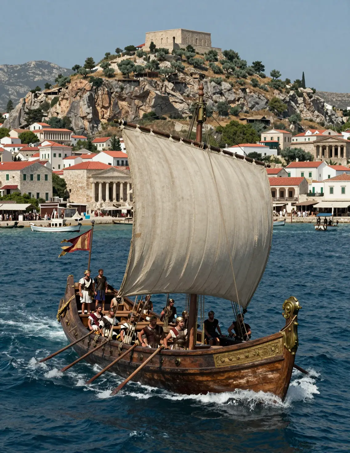 A Roman trireme sails across the Mediterranean beneath a billowing sail