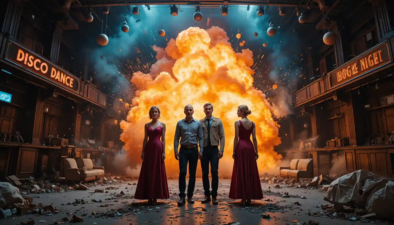 Four adults stand still in a dance hall as flames engulf the background