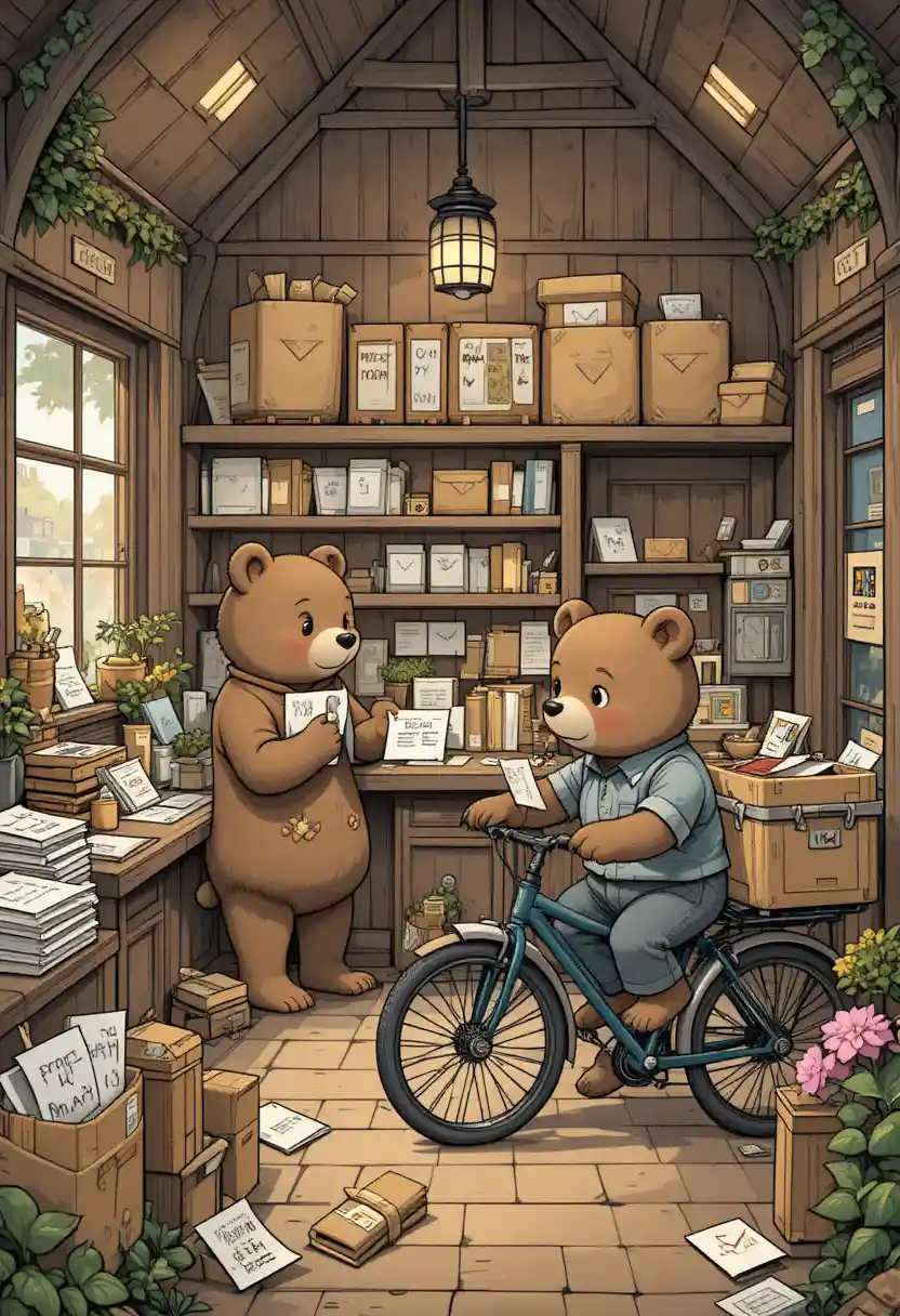 A cozy post office run by bears, filled with letters and packages