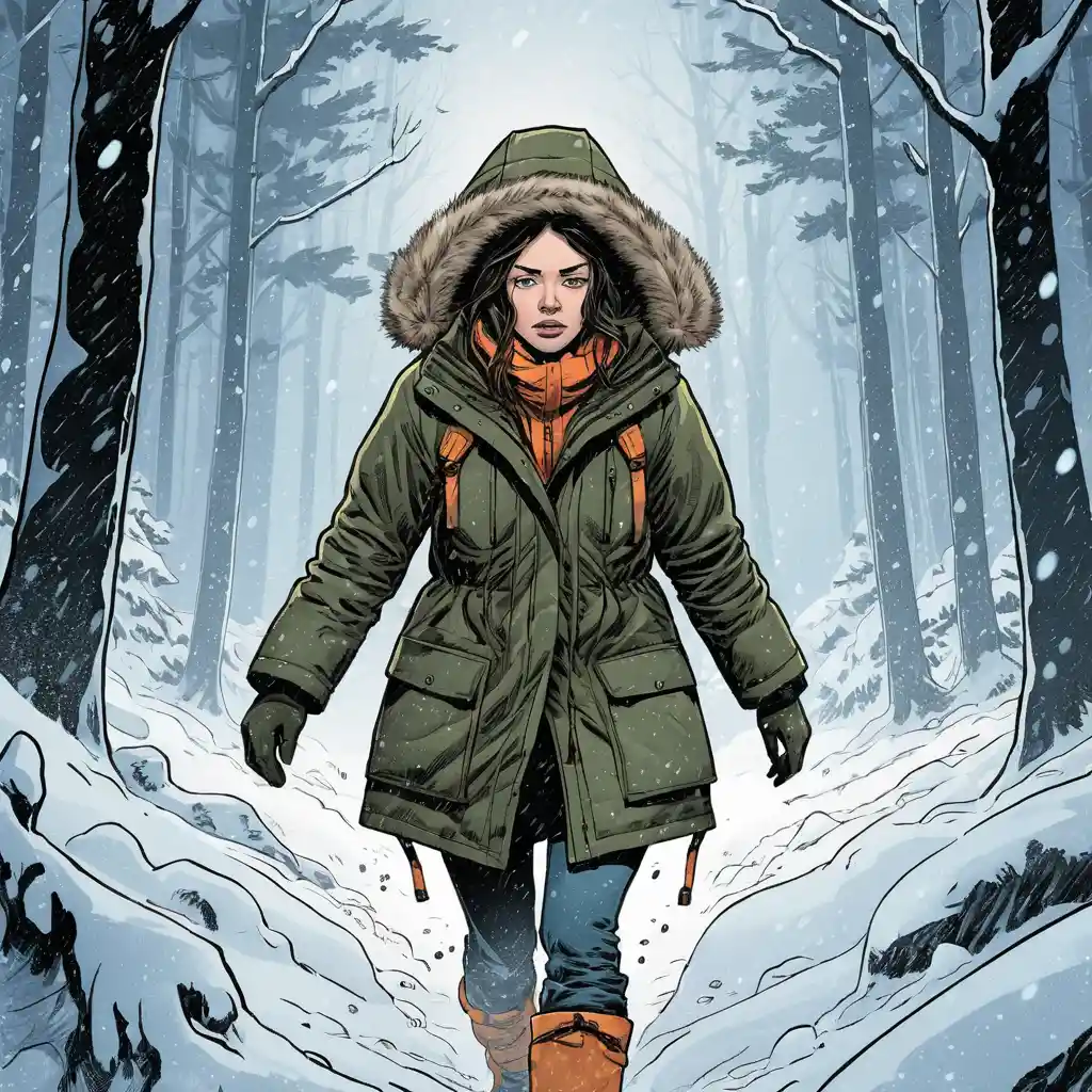 Una donna con un pesante parka si fa strada a fatica in una bufera di neve nella foresta