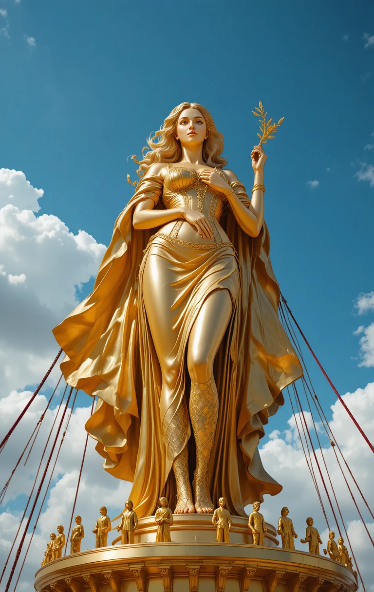 A golden woman statue stands beneath a bright blue sky