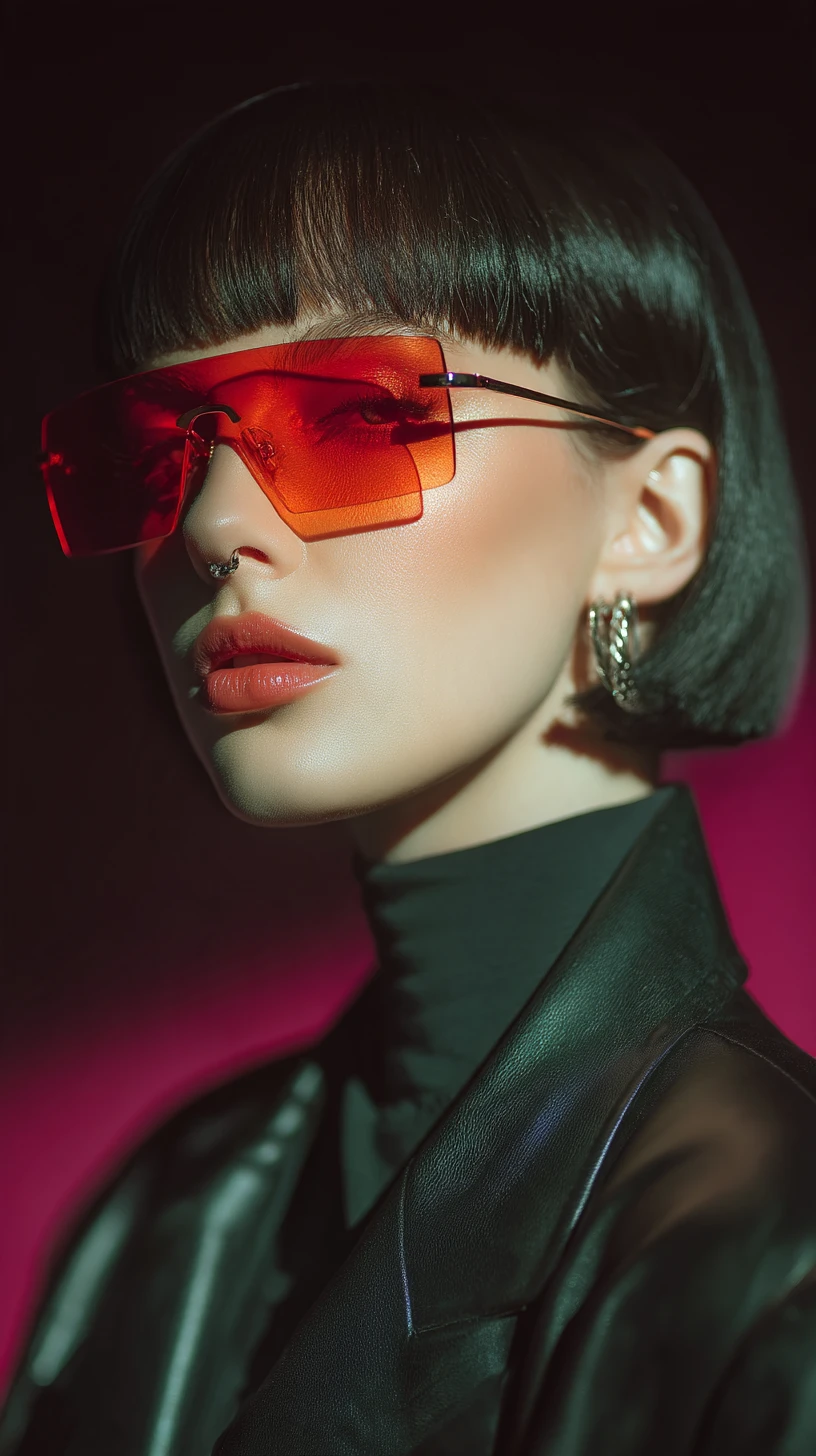 Uma mulher glamorosa com óculos vermelhos tipo viseira e cabelo bob roxo