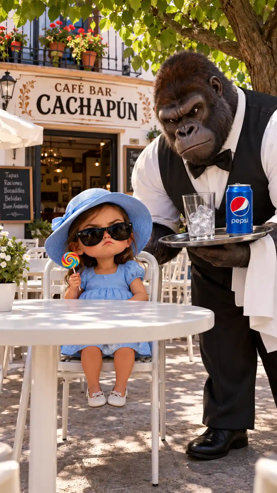 大きなサングラスをかけた少女がスペインのカフェテラスに座っている