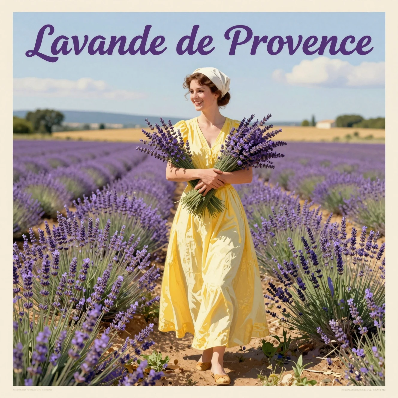 Smiling woman gathers lavender in a sunlit Provence field