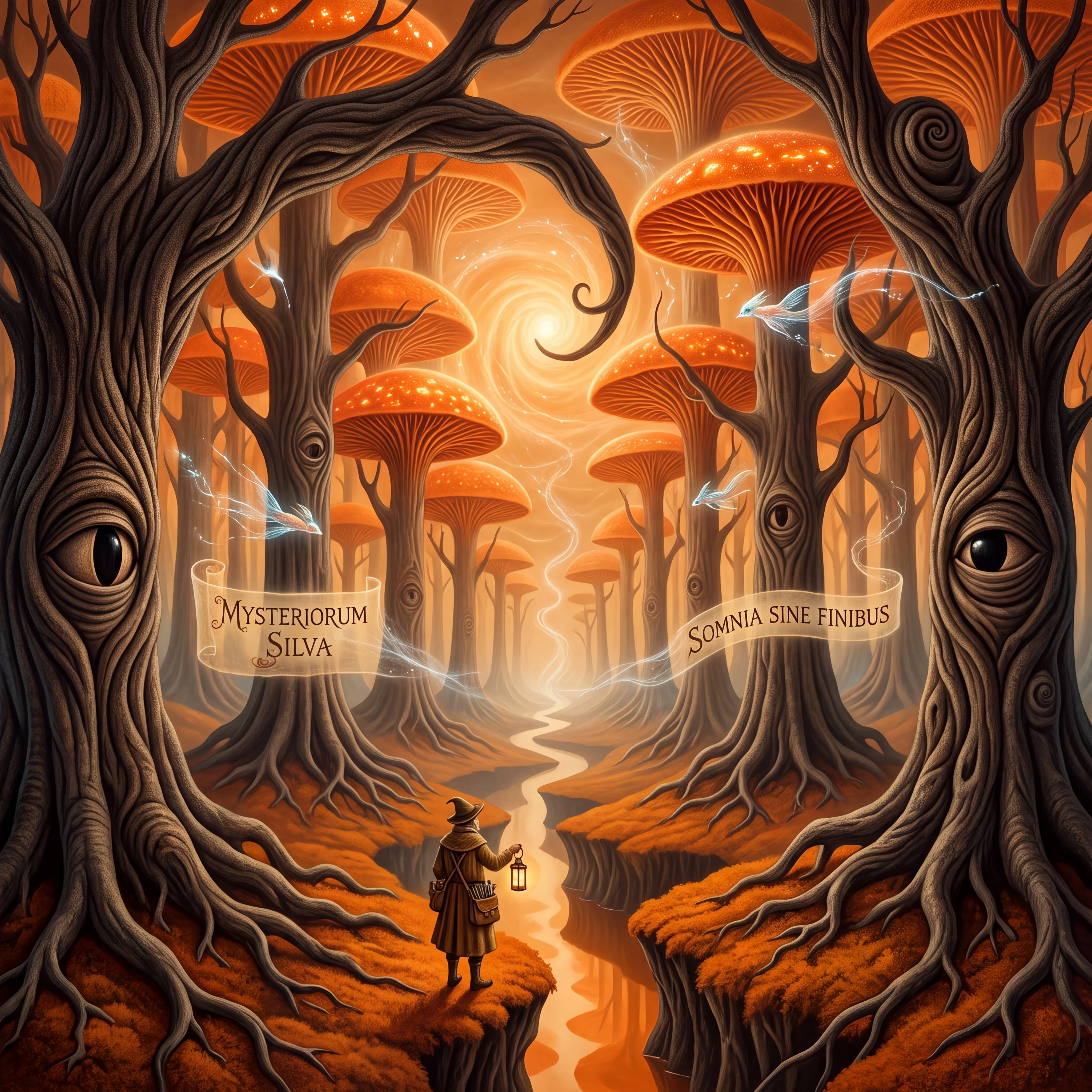 Uma floresta surreal de árvores retorcidas sob um céu laranja queimado