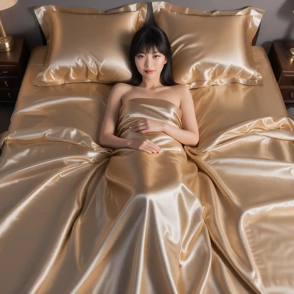 A Japanese Woman Lies Beneath Satin Bedding on a King Bed