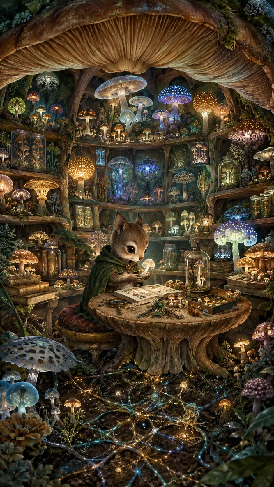 A curious woodland creature sits inside a hollow mushroom chamber
