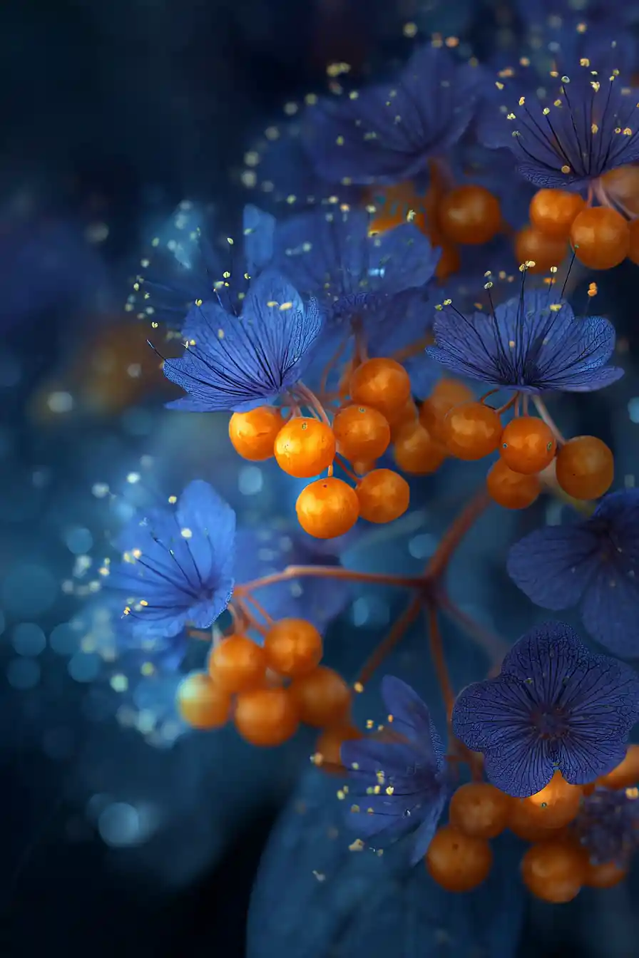 Flores azuis brilhantes e frutos alaranjados diante de um fundo rachado