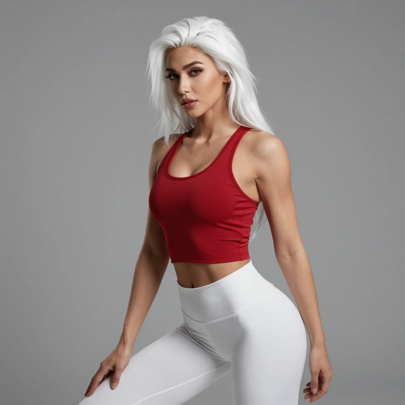 Uma jovem em forma, de cabelos brancos, com roupa desportiva vermelha e branca