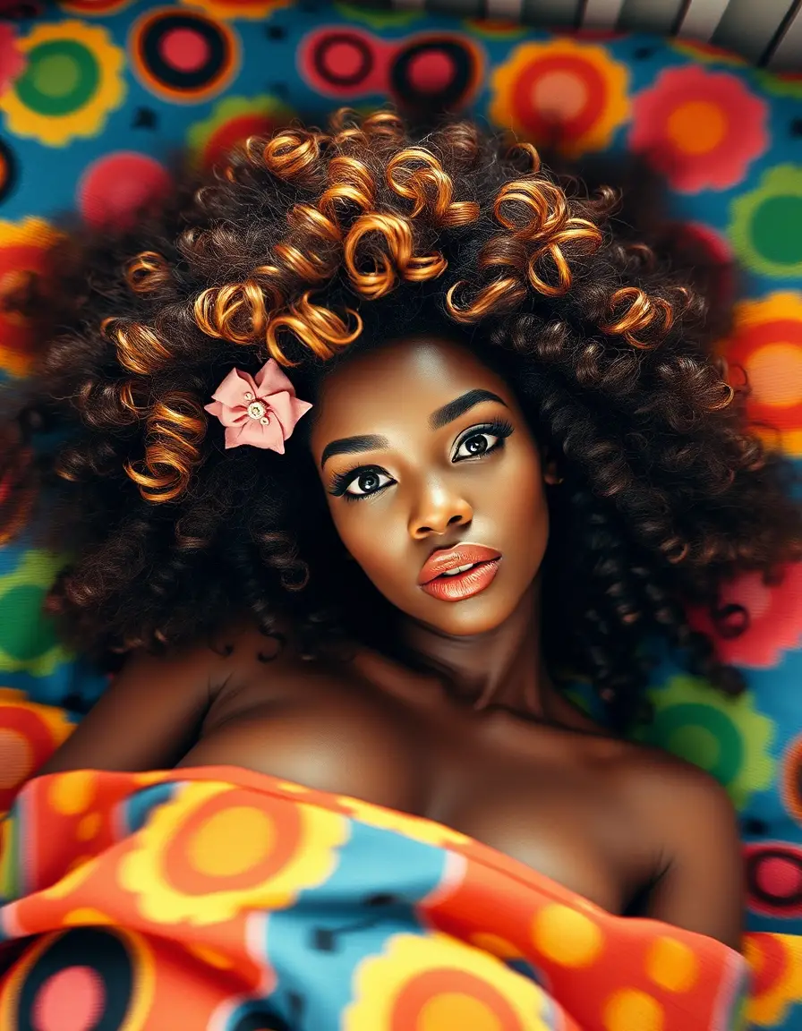 A woman reclines on a colorful Memphis-patterned bed