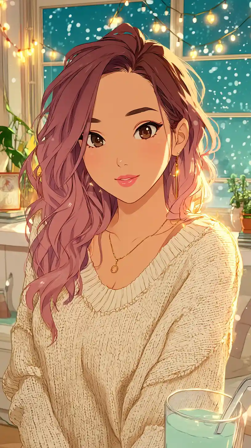 Anime-Porträt eines K-Pop-Idols in einem gemütlichen Zimmer