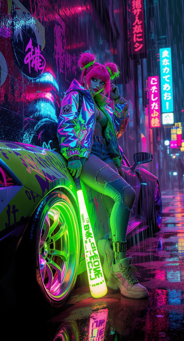 Garota cyberpunk de cabelo neon encostada ao lado de um carro coberto de grafites