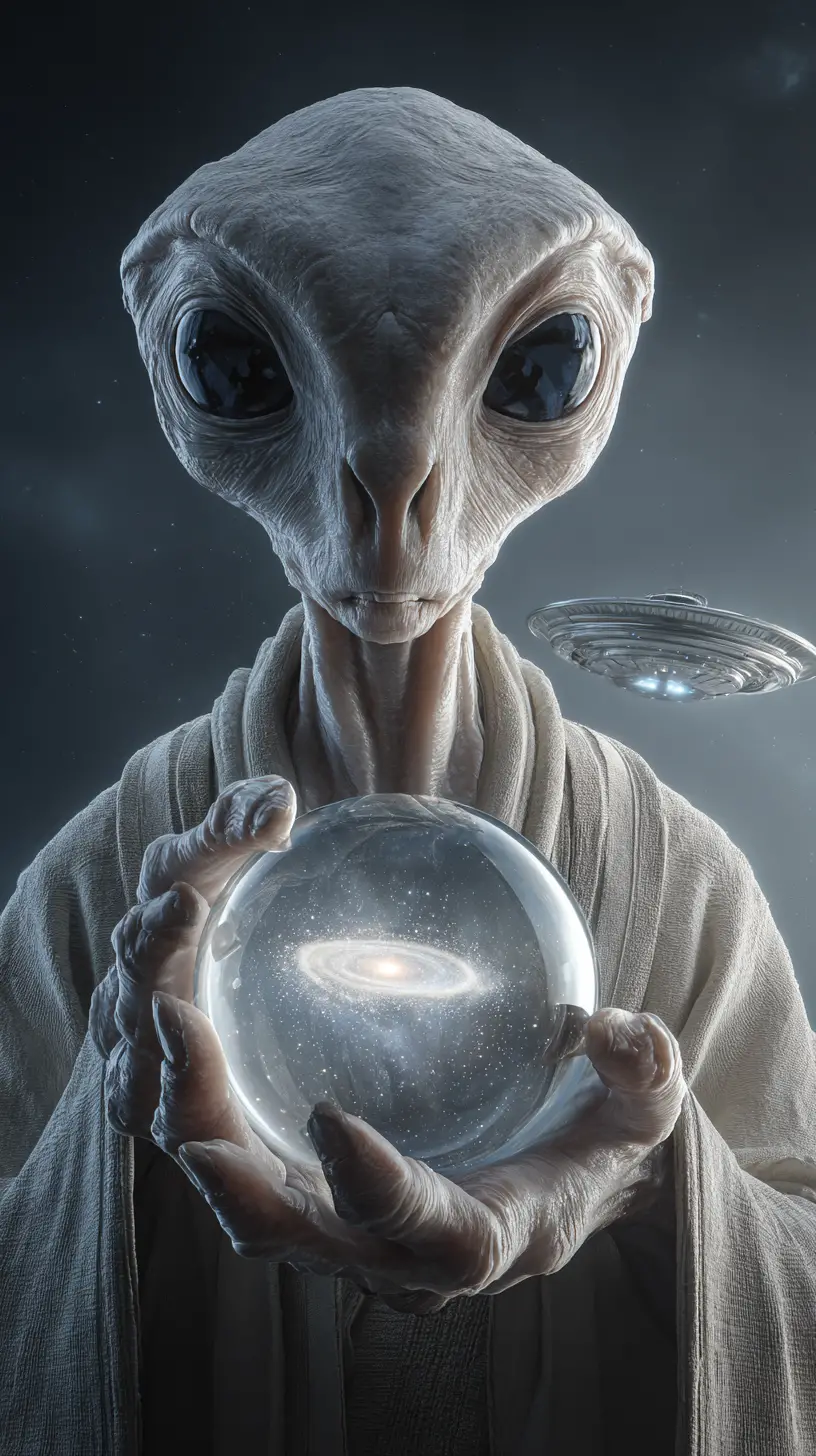 神情恬靜的外星人手持封存螺旋星系的水晶球