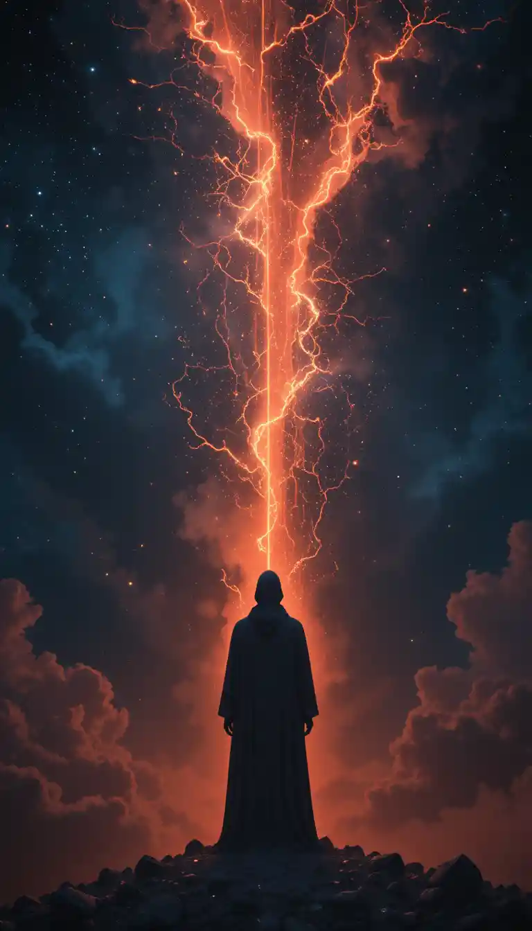 Une silhouette fantomatique lumineuse face à l'immensité d'une nébuleuse cosmique