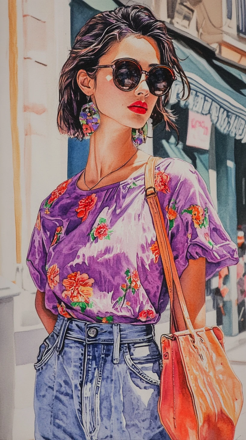 Uma garota em aquarela com um visual elegante em uma rua francesa dos anos 1990