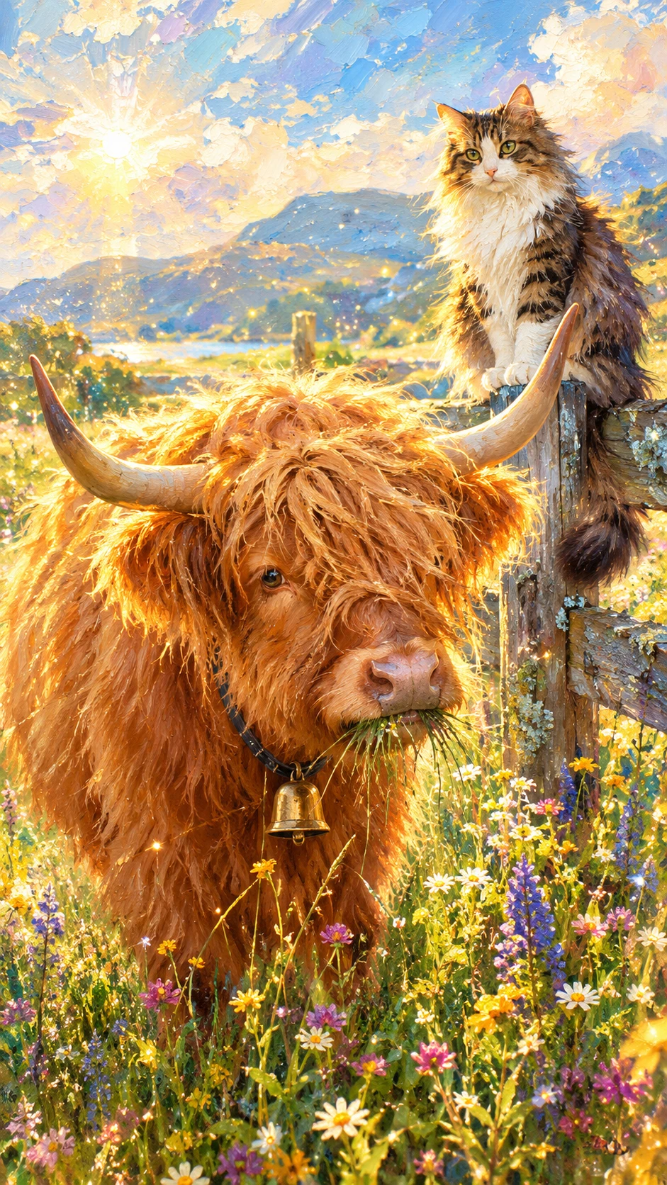 Una vaca de las Tierras Altas pasta en un prado florido bañado por el sol