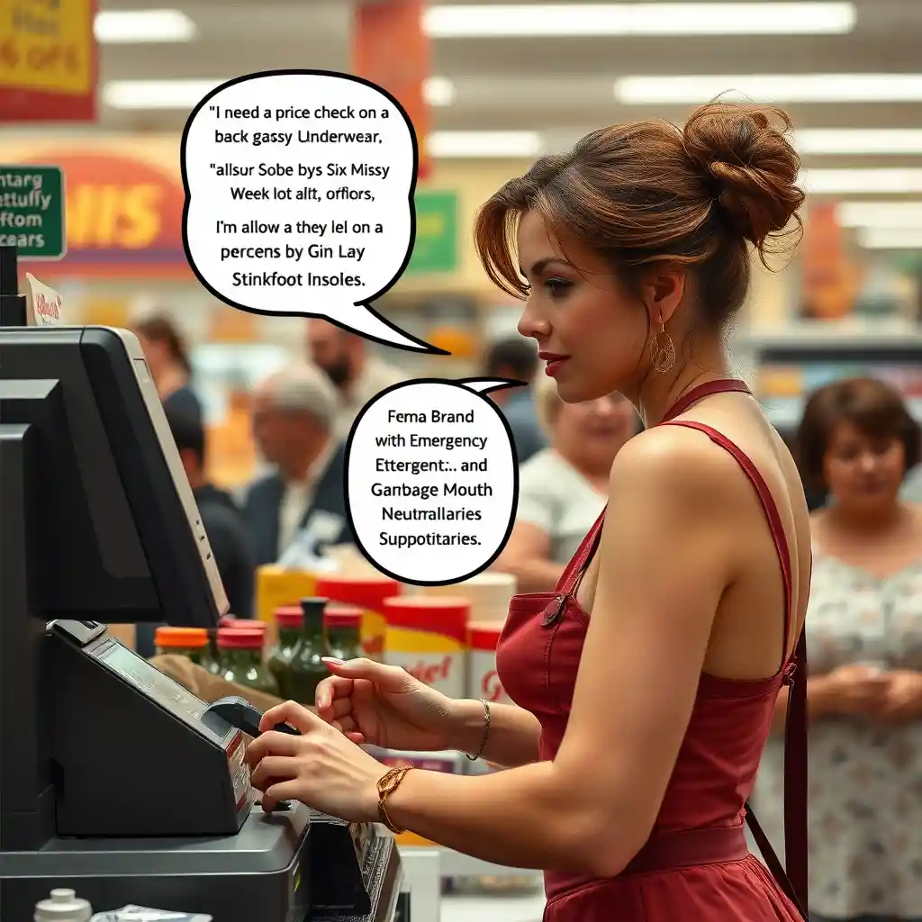 Um caixa de supermercado faz um anúncio pelo sistema de som para verificar preços