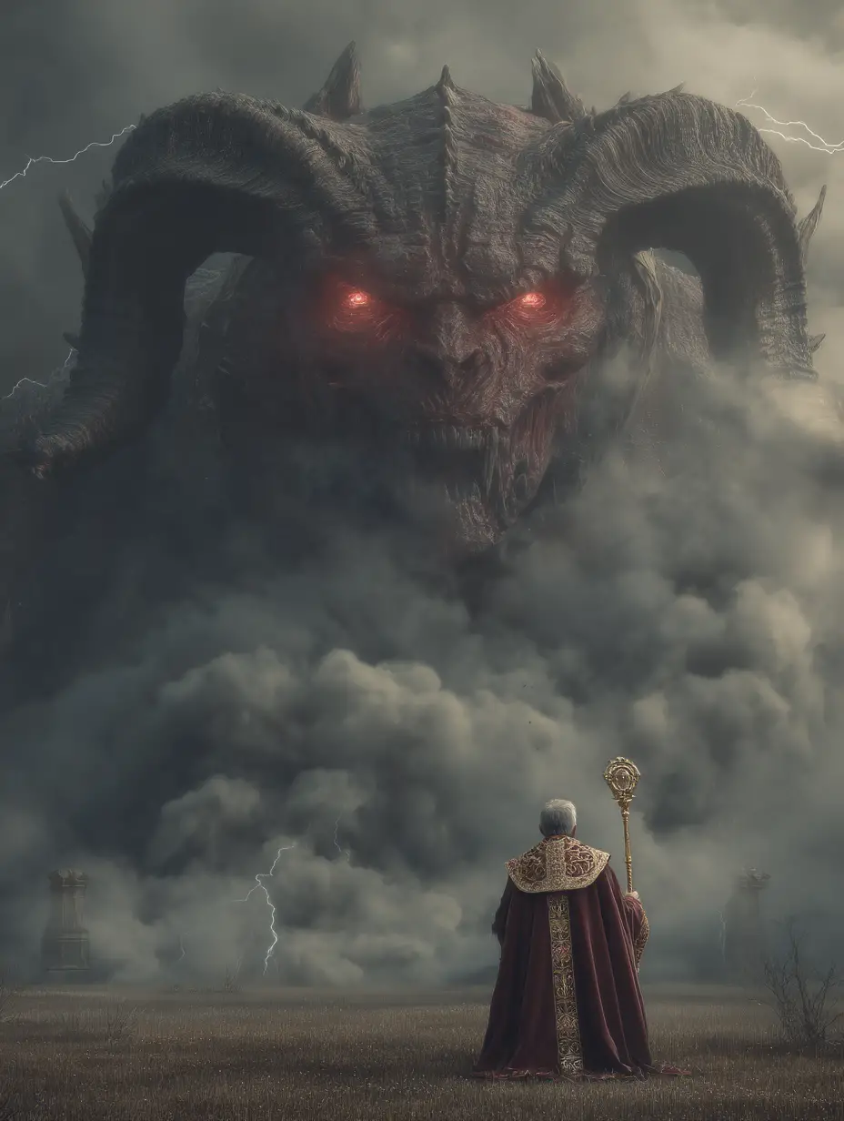 終末を思わせる雲の下で、ひざまずく男が角のある悪魔と対峙する