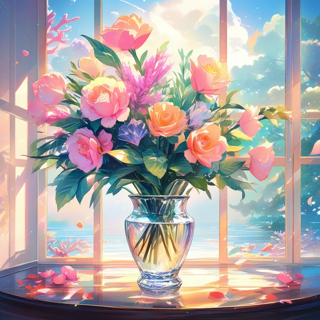 Impressionist gladioli bouquet in a glass vase by a sunlit window
