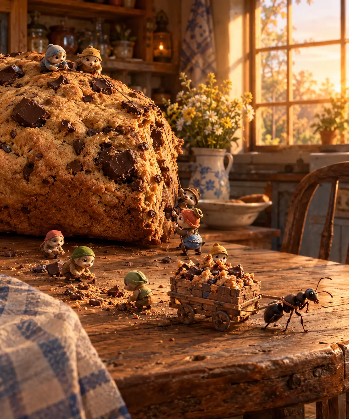 Criaturinhas escalam um enorme biscoito de chocolate em uma cozinha antiga