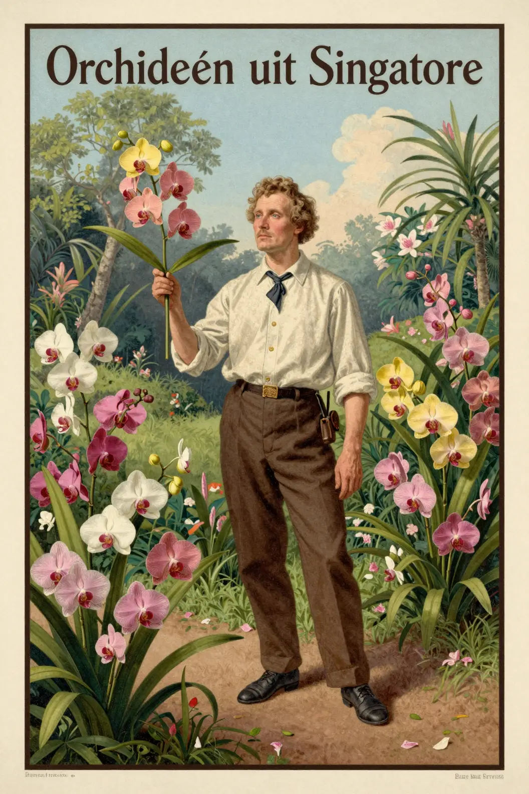 Um homem idoso e cansado está entre orquídeas num jardim de Singapura