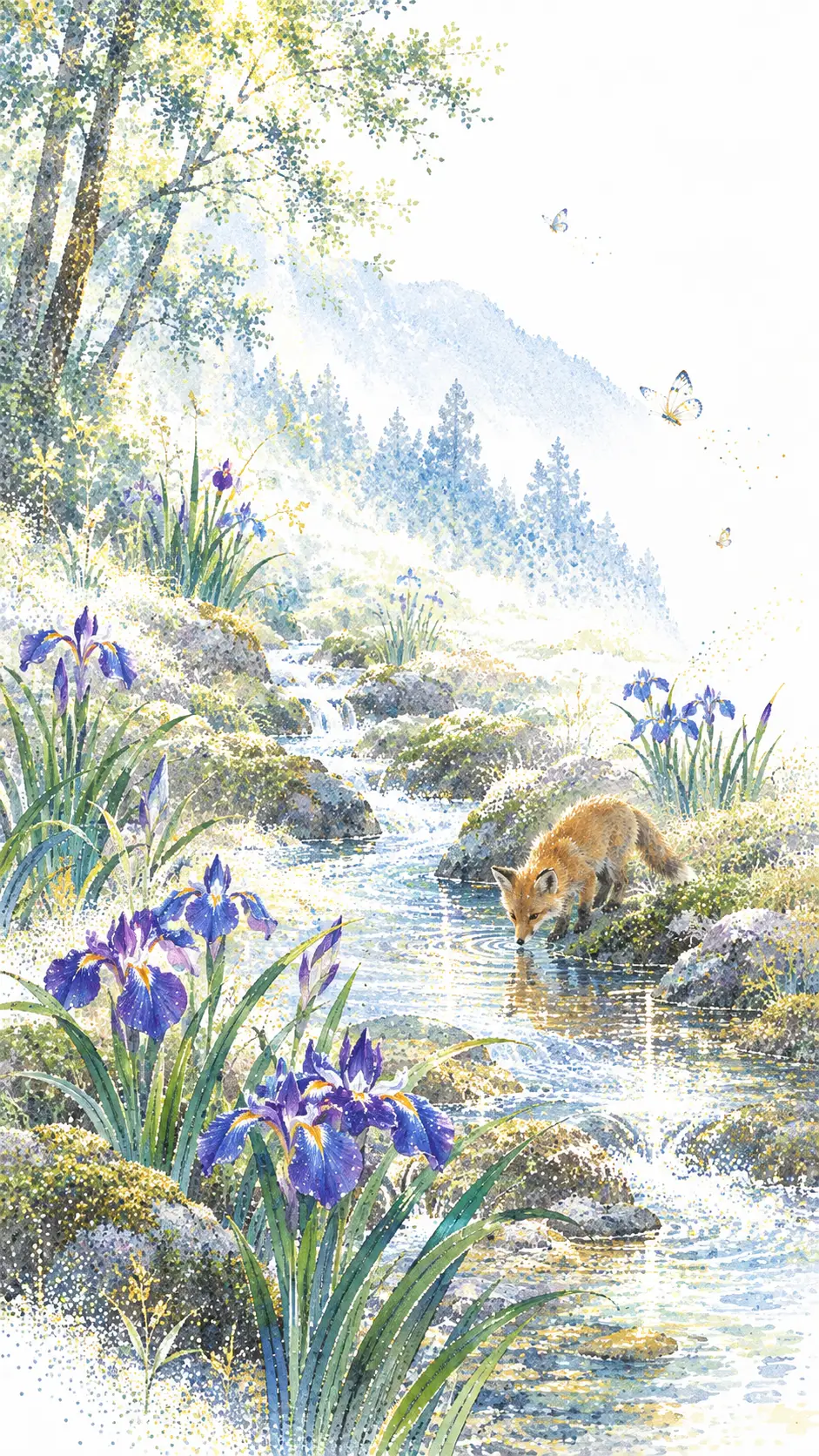 Gli iris Kakitsubata circondano un ruscello di montagna mentre beve un cucciolo di volpe