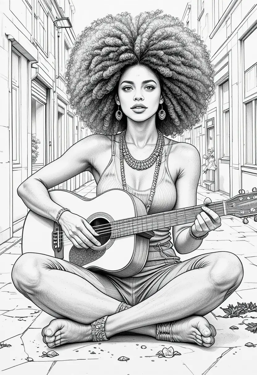 Eine Hippie-Frau mit großem Afro sitzt auf einer Straße in der Stadt und spielt Gitarre