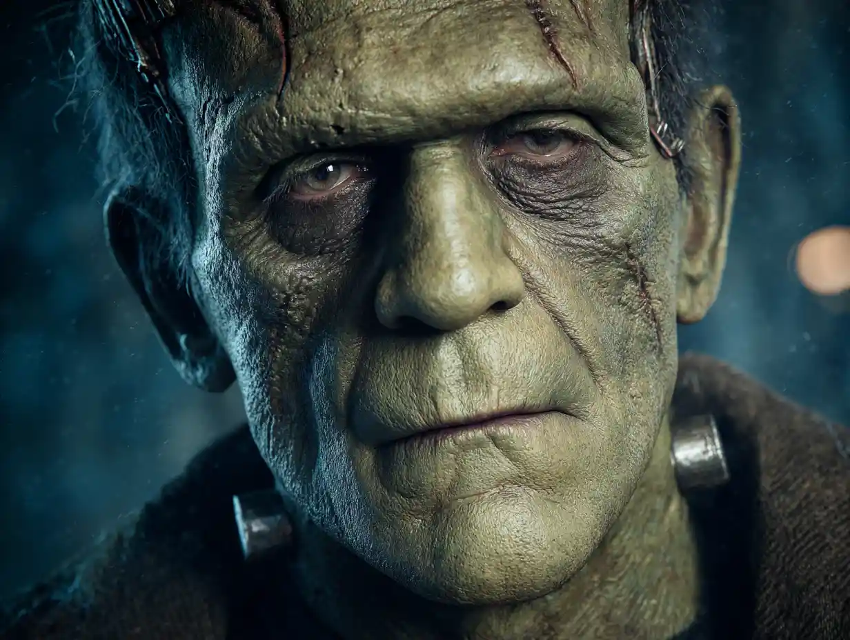 Ein verwittertes, wiederbelebtes Monster mit zugenähten Gesichtszügen in filmischer Nahaufnahme