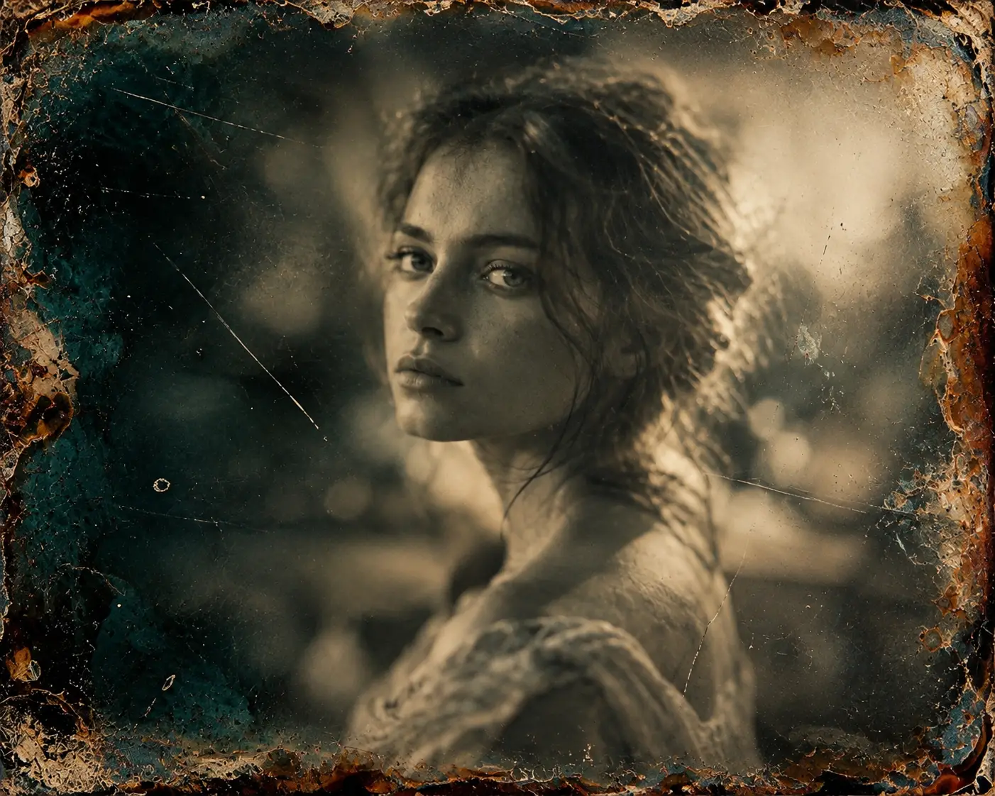 A vintage ambrotype with silver highlights and oxidized plate edges