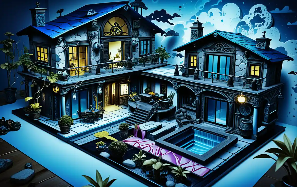 A Greek Cloud Palace Diorama With Furnished Interior and Exterior Views