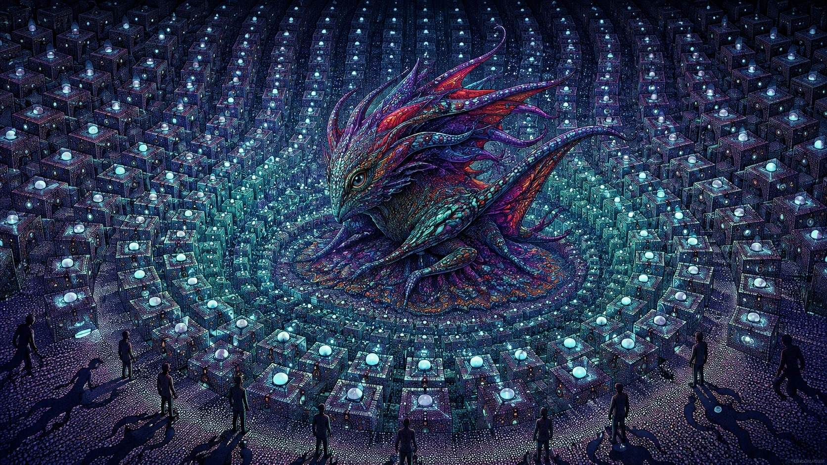 超現實幾何世界的中心，佇立著一隻發光的異常生物