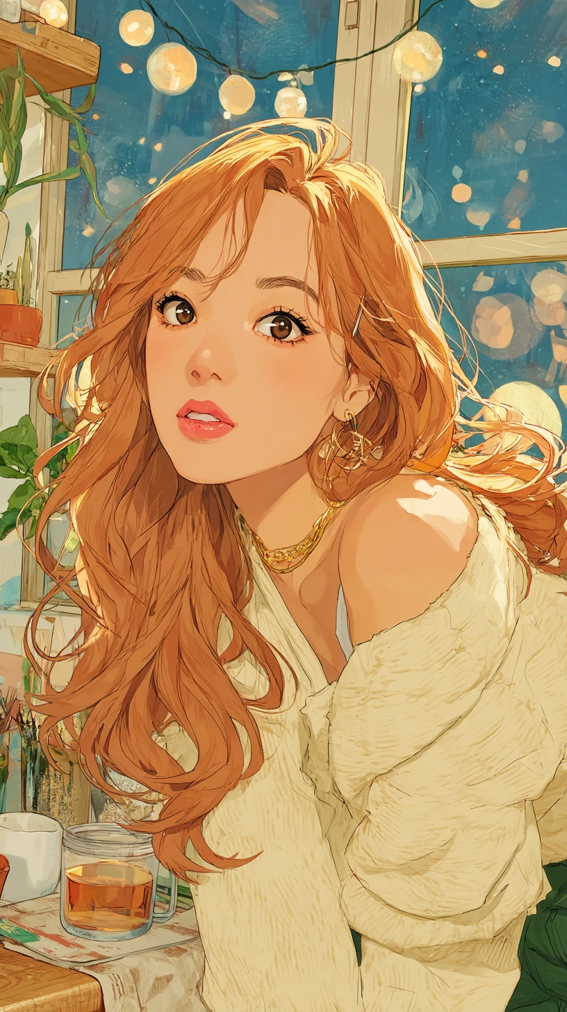 Garota de anime em um ambiente aconchegante com luzes decorativas quentes