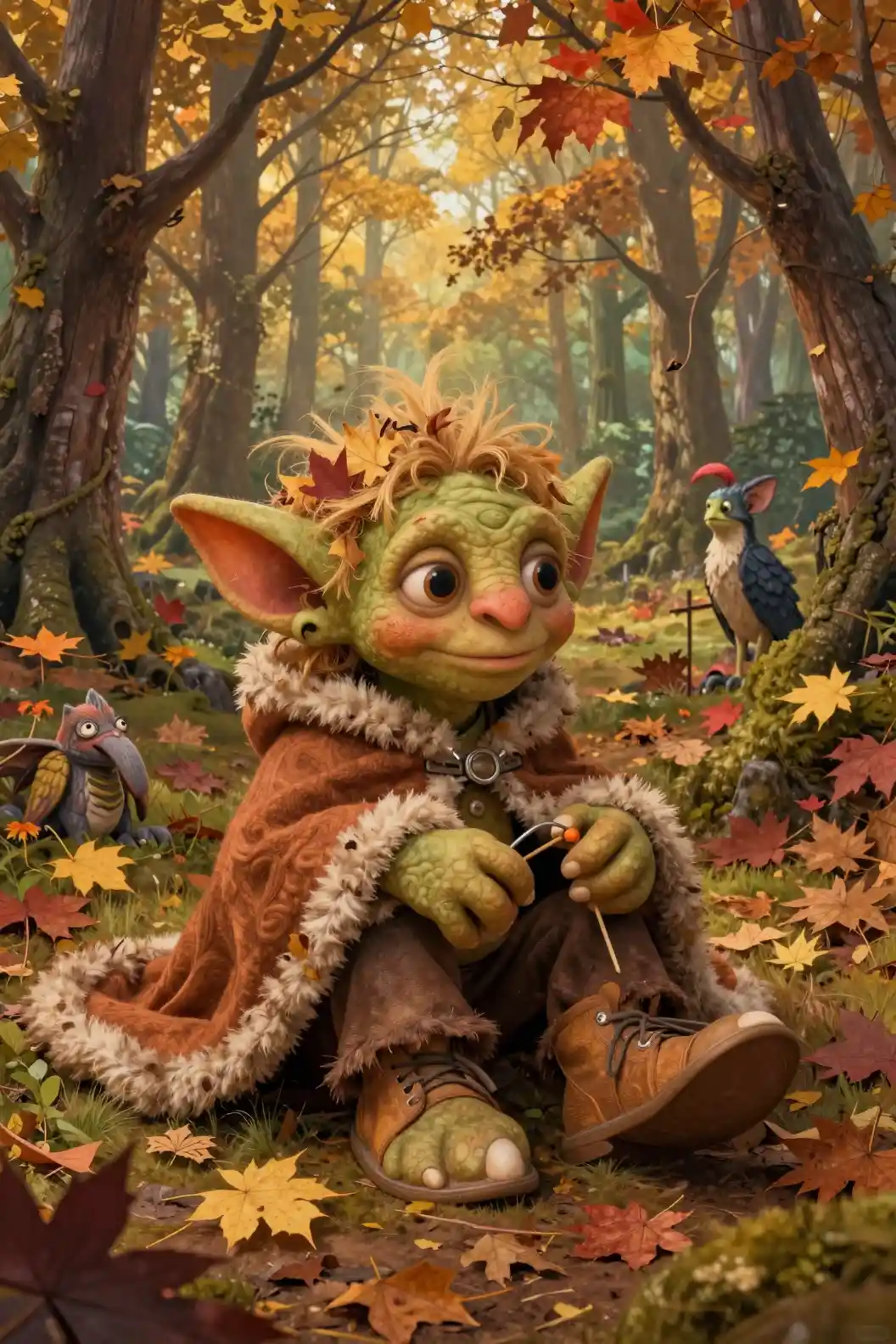 Uma criança troll segura um brinquedo antigo em uma floresta encantada de outono