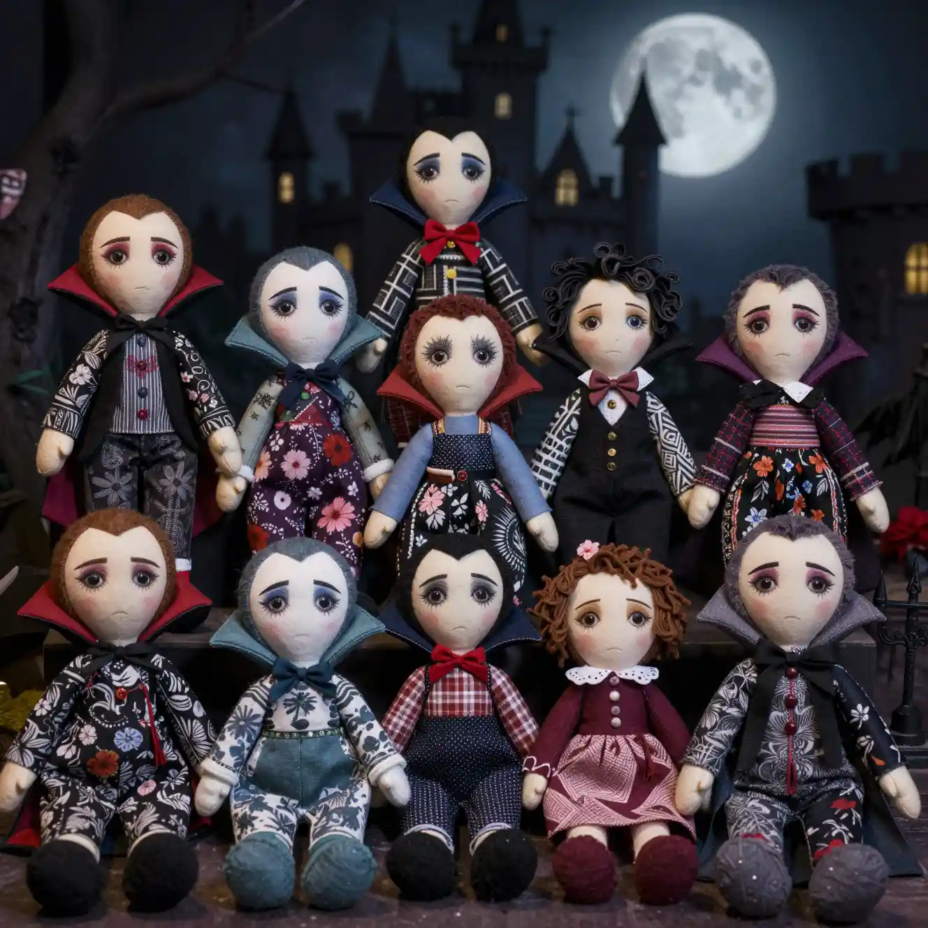 Bonecas vampiro artesanais expostas sobre tecidos escuros estampados