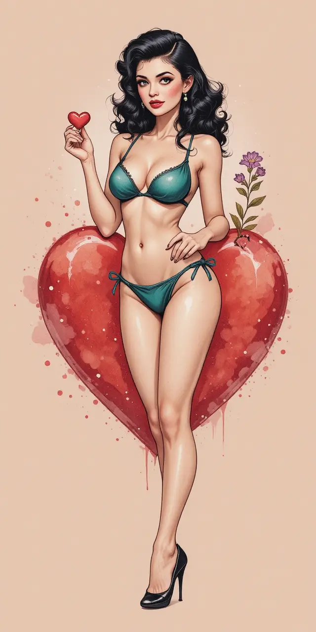 Uma pin-up retrô posa ao lado de um coração de bolinhas