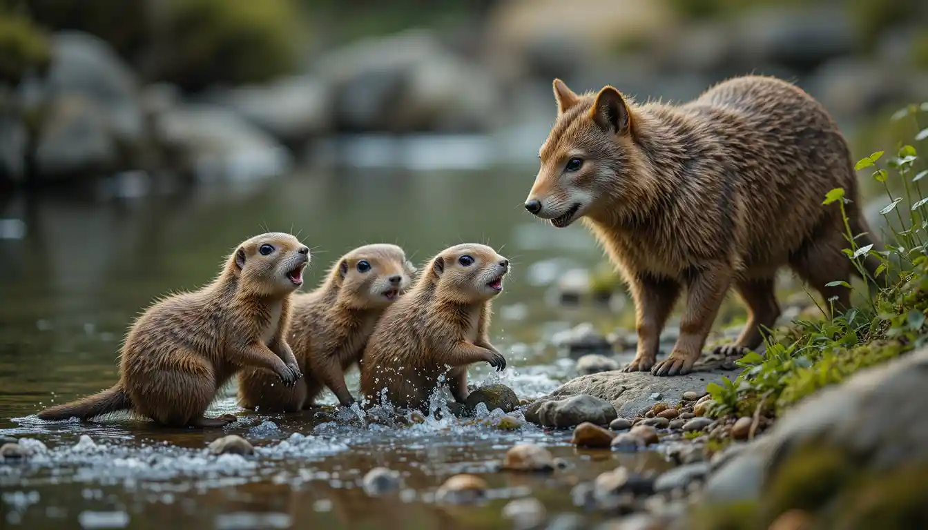 Three marmots frolic beside a river in a charming natural scene
